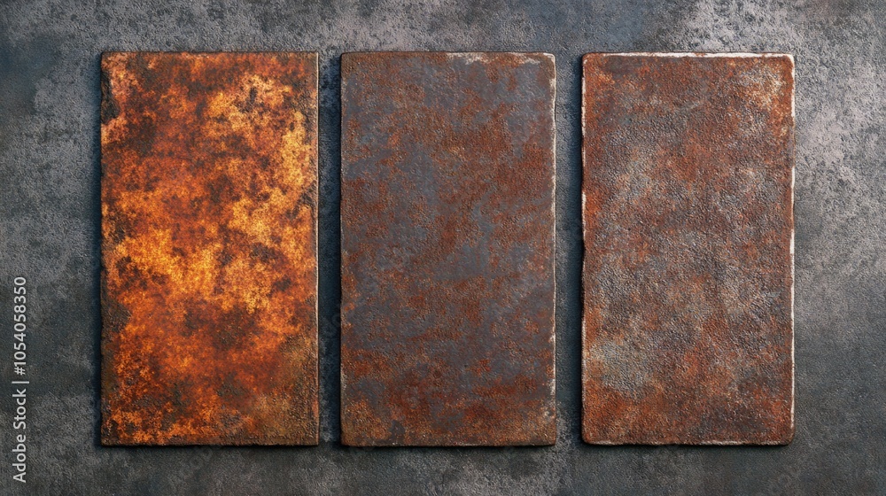 Three rusty metal squares are shown on a grey background. The squares ...