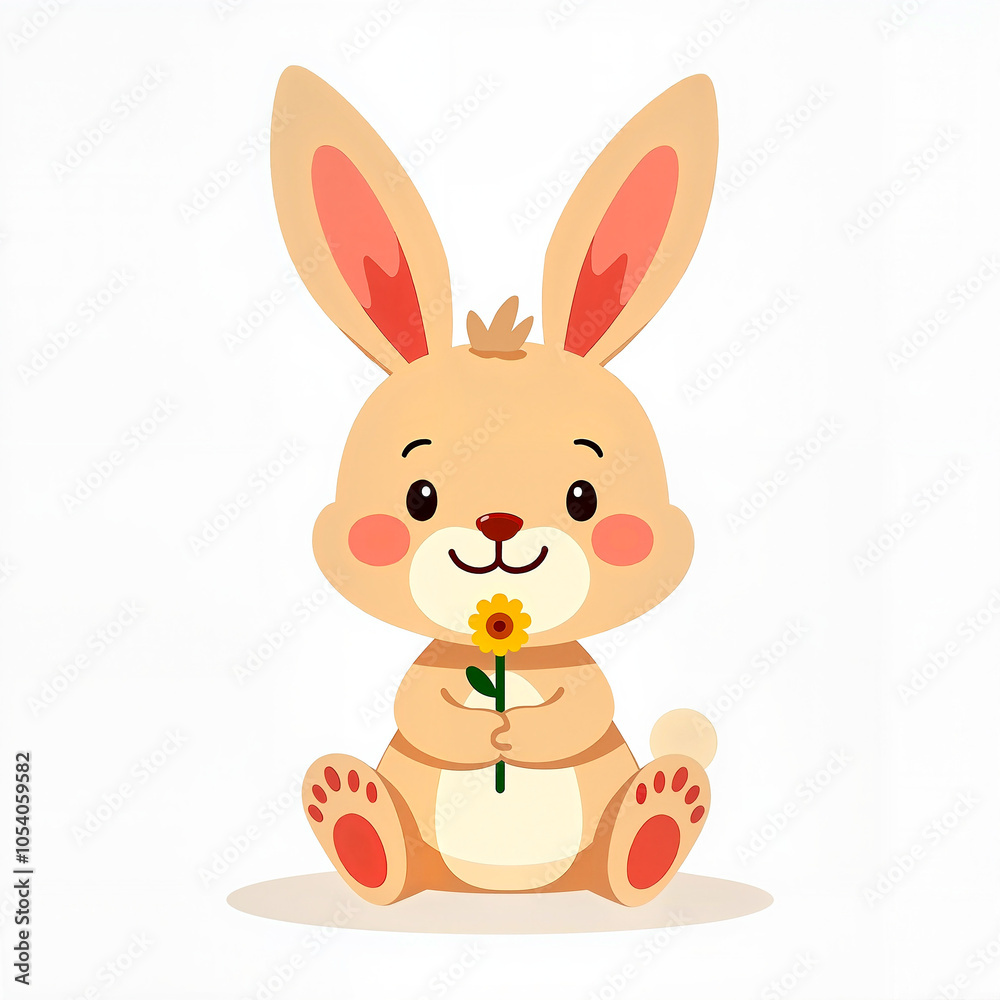 Fototapeta premium Cute Cartoon Bunny Smiling Happily Holding Flower Against White Background