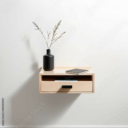 Minimalist Wall-Mounted Nightstand – A small, wall-mounted nightstand with a single drawer and no visible handles, set on a white background. photo