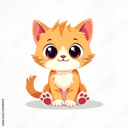 Cute Cartoon Kitten with Adorable Expression Sitting on White Background