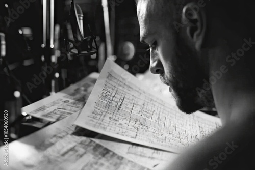 Hombre en un estudio de grabación Un hombre cantando en un micrófono en un estudio de grabación, con auriculares y mezcladores alrededor. photo