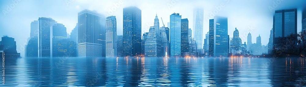 A serene urban skyline reflecting on water, shrouded in mist and blue hues, evoking a calm and tranquil atmosphere. A serene urban skyline reflecting on water, shrouded in mist and blue hues, evoking a calm and tranquil atmosphere.