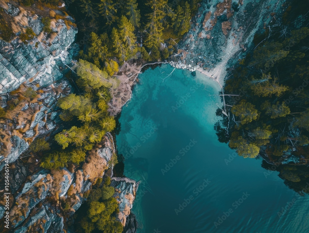Obraz premium Beautiful blue lake surrounded by trees. The water is calm and clear, and the trees are lush and green. The scene is peaceful and serene, and it evokes a sense of calm and relaxation