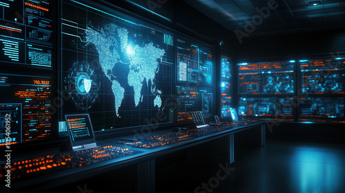 Wallpaper Mural modern creative workspace filled with advanced tech gadgets, featuring multiple screens displaying data and world map. atmosphere is high tech and innovative, perfect for tech enthusiasts Torontodigital.ca