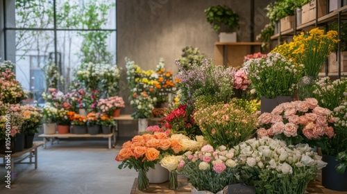 Display of colorful flowers at a florist's shop. Vibrant and inviting floral arrangement. photo