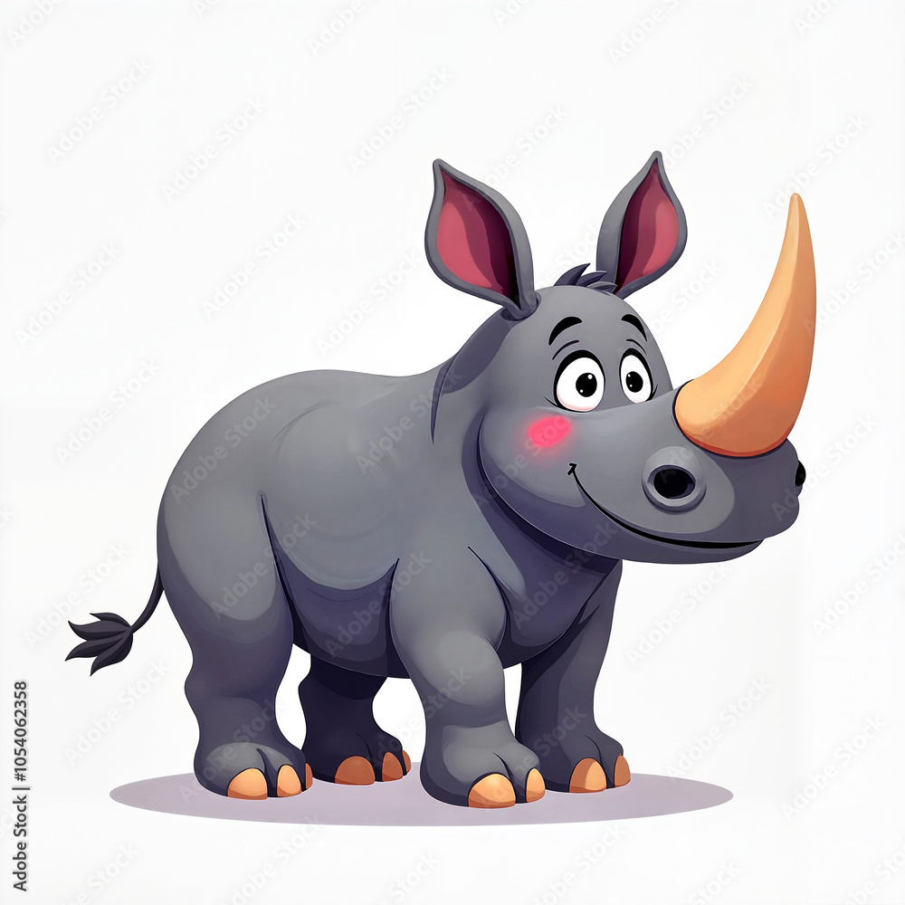 Fototapeta premium Cute Cartoon Rhino Smiling Cheerfully Against White Background