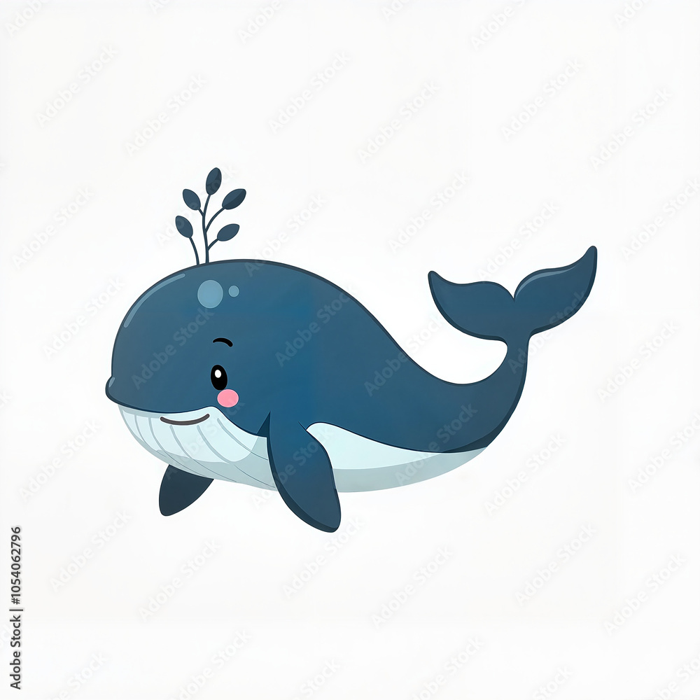 Obraz premium Cute Cartoon Whale Smiling with Plant Sprout Against White Background