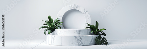 White marble podium with green plants minimal product display design for beauty and cosmetic brands   
