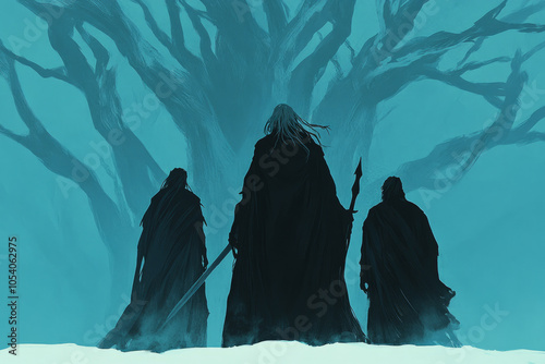 Three men are standing in front of a tree, each holding a sword photo