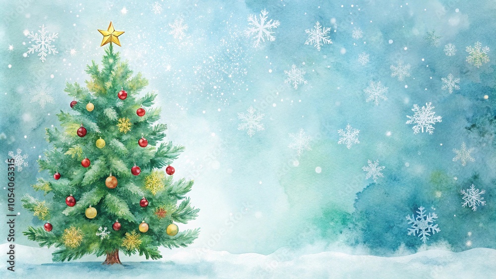 Obraz premium watercolor christmas background with minimalist christmas tree and snowflakes