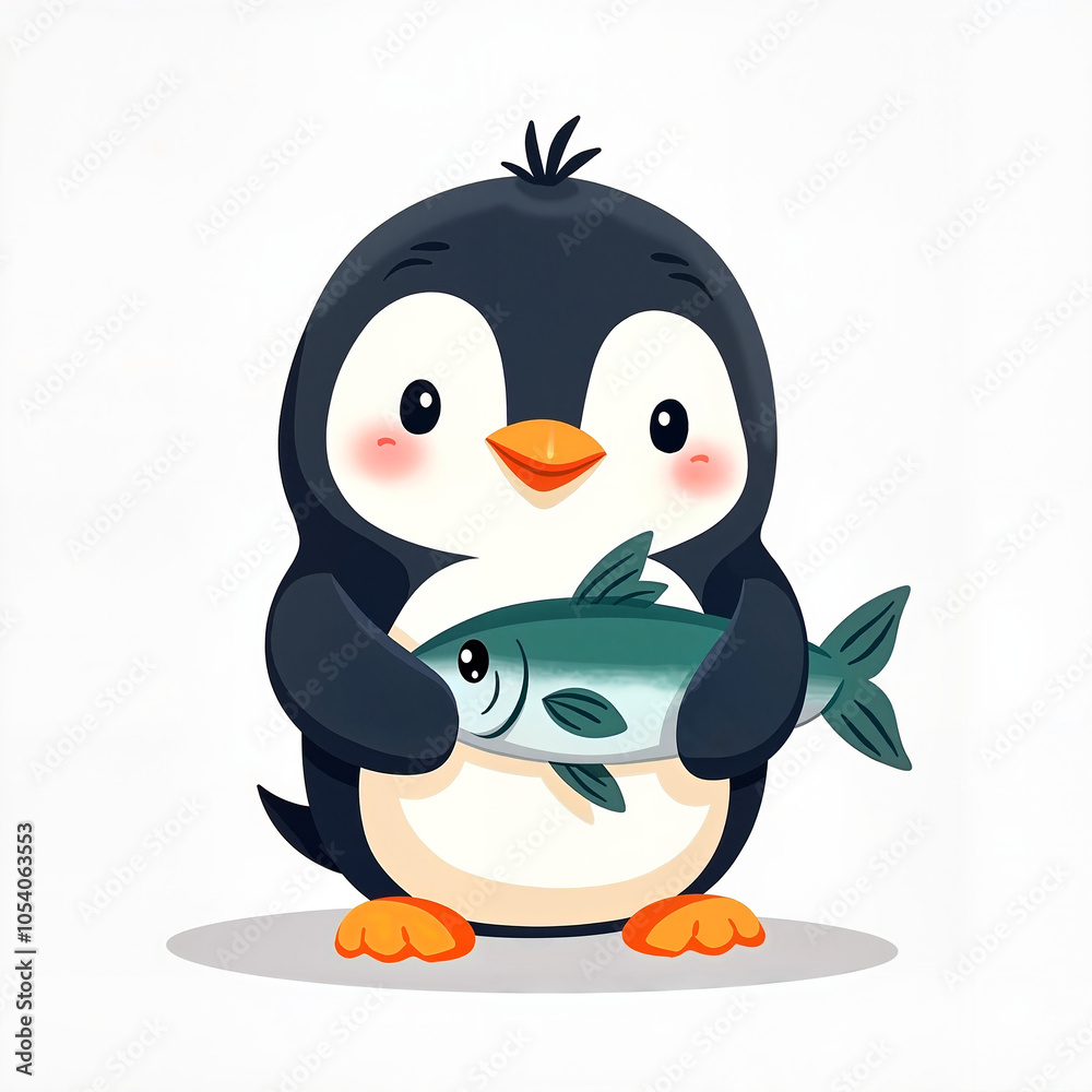 Fototapeta premium Cute Penguin with Cheerful Expression Holding Fish on White Background
