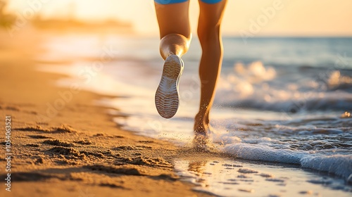 A person jogging along a beach with a water bottle strapped to their waist in the early morning light photo