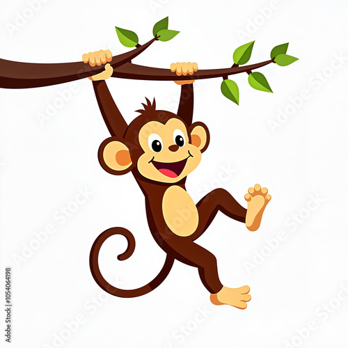 Playful Cartoon Monkey Swinging Happily on Tree Branch Against White Background