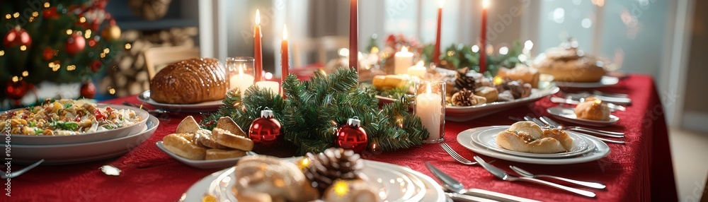 A festive holiday feast celebrating togetherness with delicious food warm candles and joyous decorations on a cheerful table setting