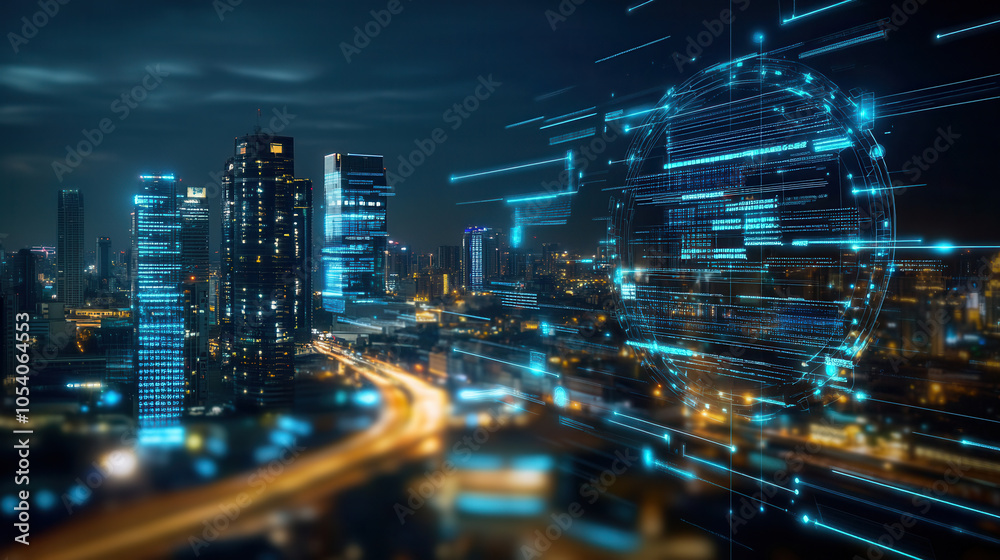 digital landscape featuring interconnected nodes and glowing data streams over city skyline at night, showcasing modern technology and urban life digital landscape featuring interconnected nodes and glowing data streams over city skyline at night, showcasing modern technology and urban life