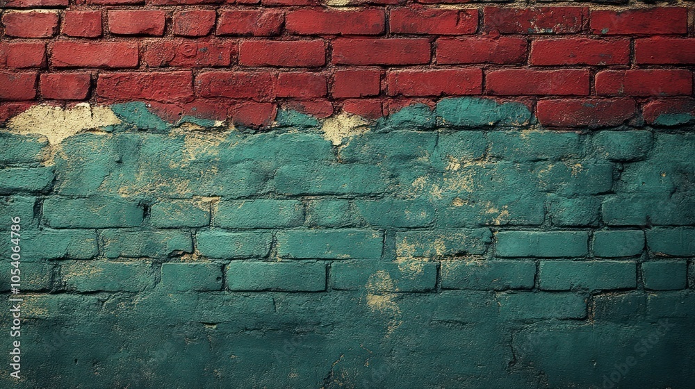 Fototapeta premium A weathered brick wall with red and teal paint