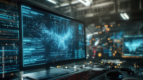 Wallpaper Mural digital workspace filled with advanced technology and gadgets, showcasing high tech computer screen displaying intricate data visualizations and network connections. atmosphere is futuristic and Torontodigital.ca