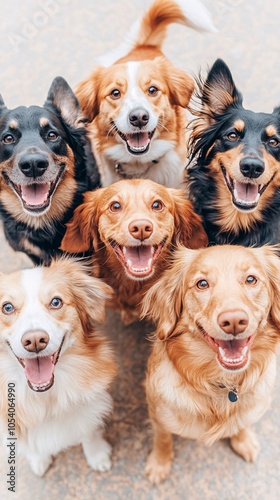 playful dogs in a dynamic, leaping formation, mid-air, with the sky as their backdrop.