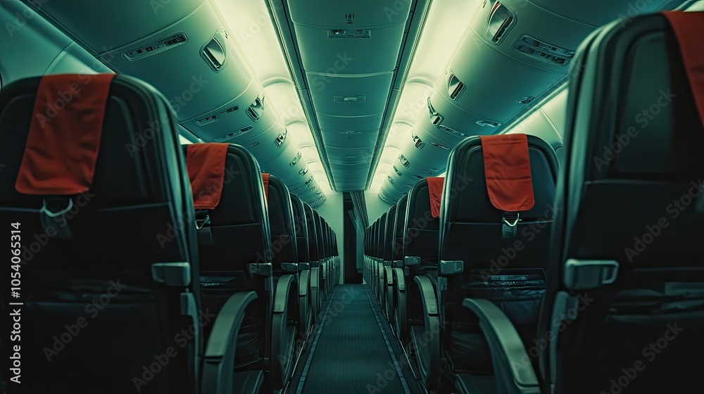 Naklejka premium Empty rows of seats on an airplane, with seatbelts neatly placed and overhead bins closed, capturing a tidy cabin look