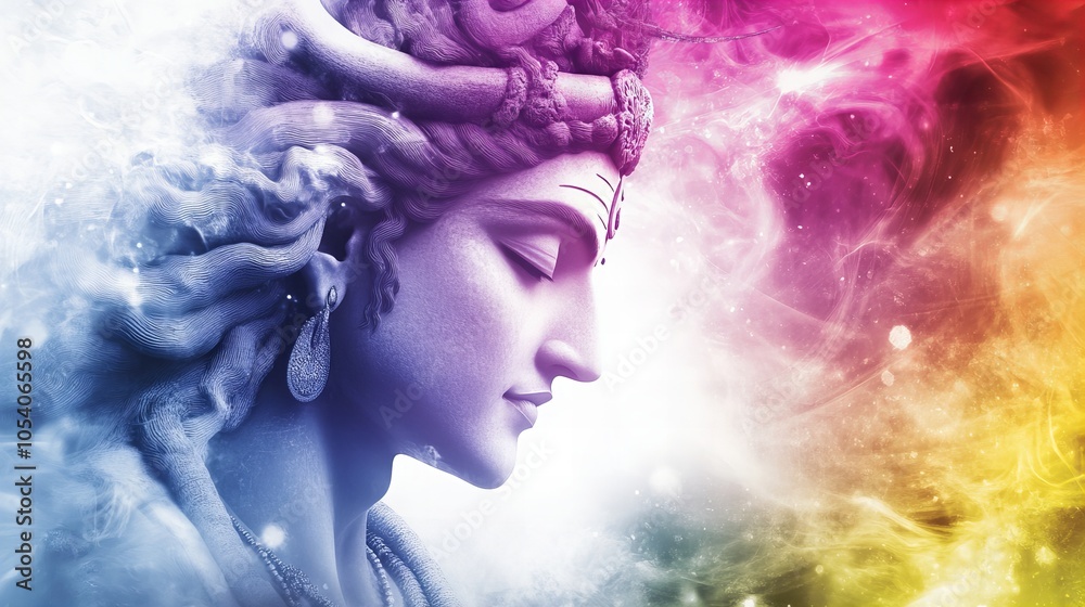 Fototapeta premium A serene sculpture of a Hindu deity with a colorful and vibrant background.