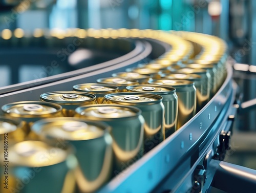 Conveyor belt is filled with cans of beer. The cans are lined up in a row and are all the same color