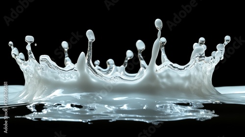 A fresh milk splash mid-air with droplets frozen in a crown-like shape, high detail, soft backdrop, and blank space for ad text on either side photo