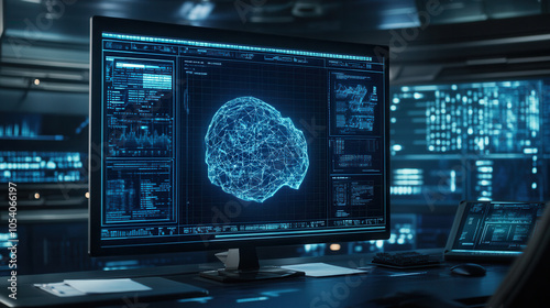 Wallpaper Mural futuristic office featuring large monitor displaying digital brain network visualization, surrounded by advanced technology and data analytics. atmosphere is high tech and innovative Torontodigital.ca