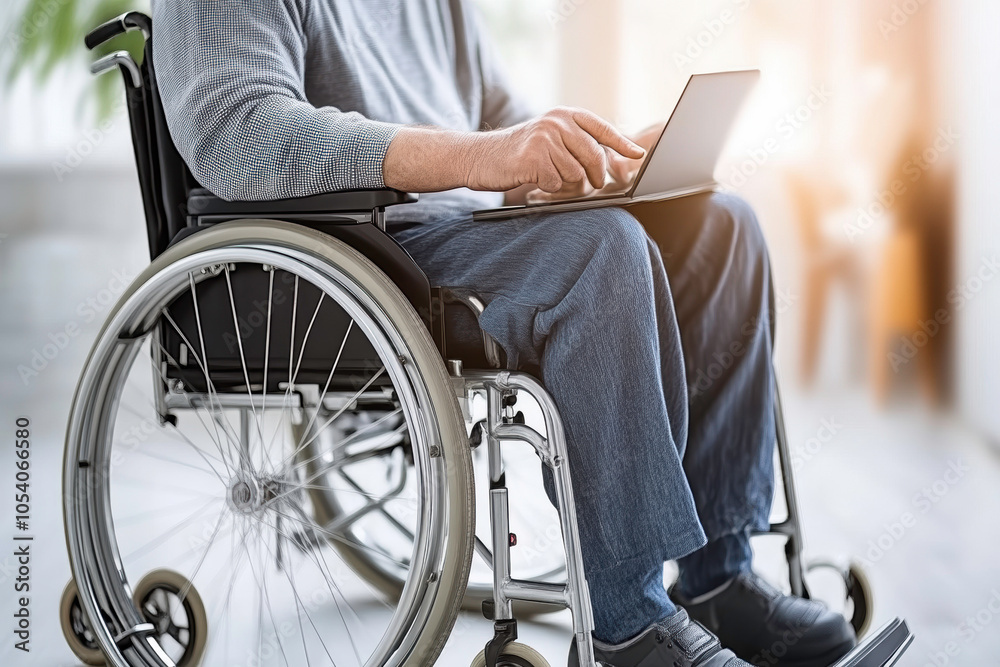 Obraz premium Professional using laptop while seated in wheelchair