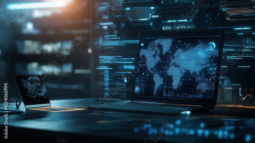 Wallpaper Mural futuristic workspace featuring advanced technology and augmented reality tools, showcasing laptop with world map display and sleek design. environment is illuminated with blue light, enhancing modern Torontodigital.ca