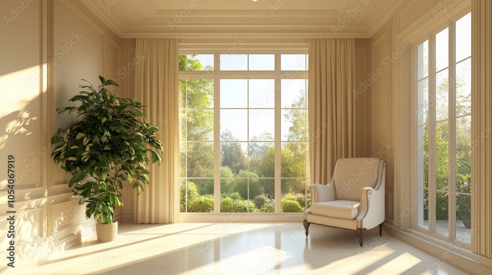 Fototapeta premium Light-toned living space, elegant armchair, greenery, ceiling lamp, plenty of blank wall space for design.