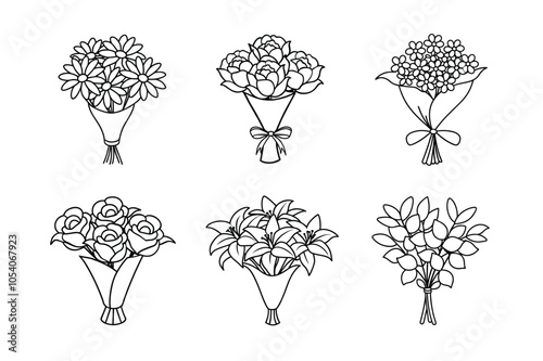 Classic Floral Bouquets Line Art Bundle – Rose, Lily, Peony, Daisy, Baby’s Breath, Eucalyptus photo