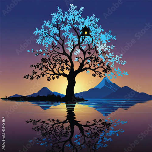 Abstract landscape of a jungle set in the night the near foreground to the left is a tree, a little further away flows a river, and in the background lies a sky and the silhouette of a forest.