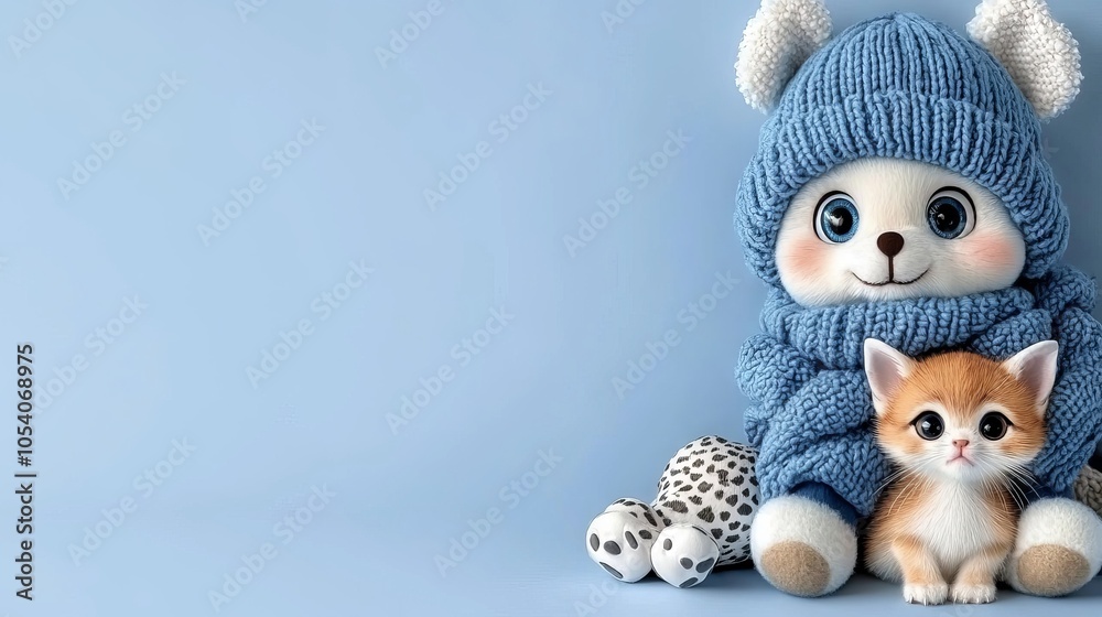 Fototapeta premium Cute Bear and Kitten in Winter Outfits on Blue Background