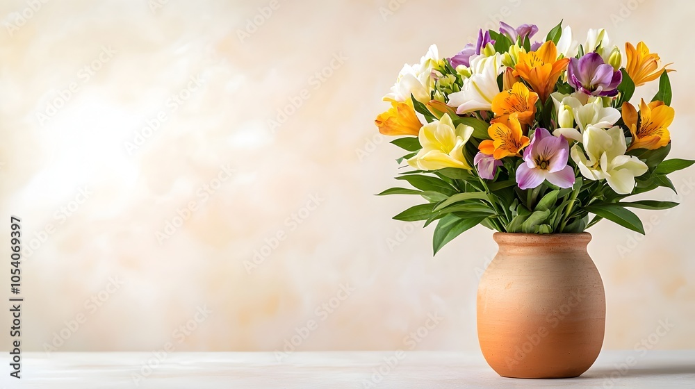 custom made wallpaper toronto digitalRustic Terracotta Vase with Cheerful Freesia Bouquet on Light Background
