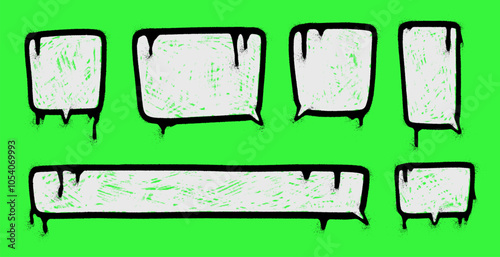 Set of square speech bubbles in street art style. Vertical and horizontal frames drawn with a spray can with drips and splashes shaded inside with a pencil. Graffiti illustration.