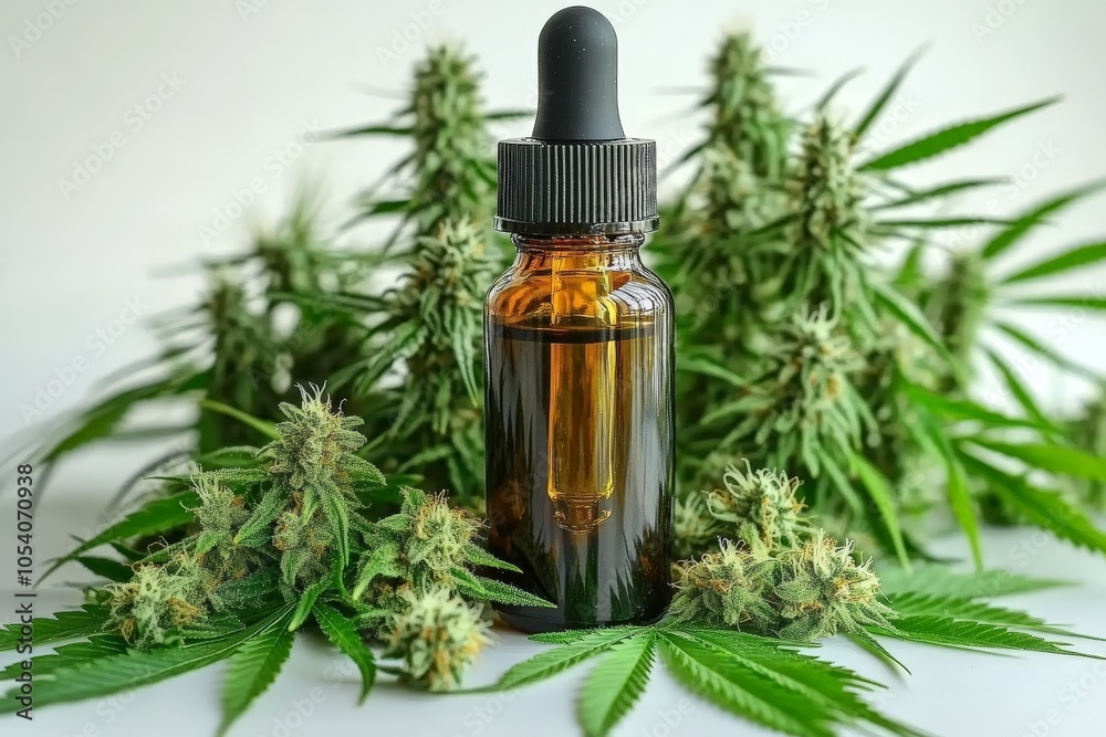 Fototapeta premium Cannabis oil bottle with fresh hemp flowers and leaves on a white surface promoting the therapeutic benefits of CBD oil and its natural plant based healing properties