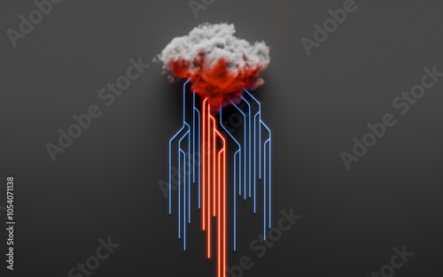 Cloud computing concept, computer network and cybersecurity. Digital 3D render. No AI.