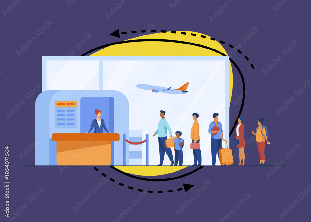 Obraz premium Airport queue vector illustration. Line of tourists standing at check in desk. Flight passengers waiting for boarding to plane in departure area
