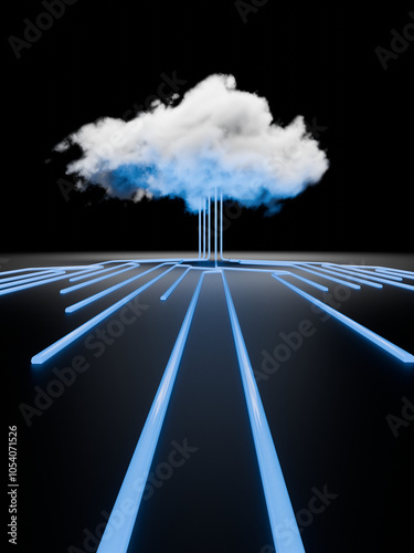 Cloud computing concept, computer network and cybersecurity. Digital 3D render. No AI.