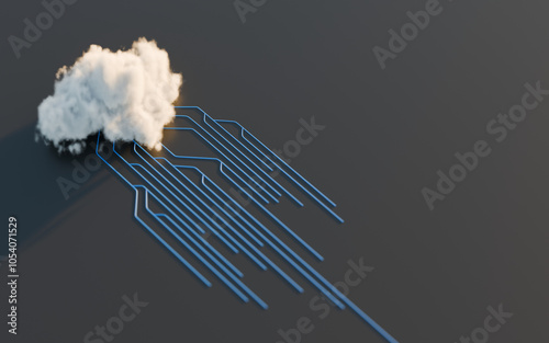 Cloud computing concept, computer network and cybersecurity. Digital 3D render. No AI.