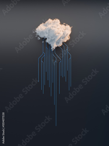 Cloud computing concept, computer network and cybersecurity. Digital 3D render. No AI.