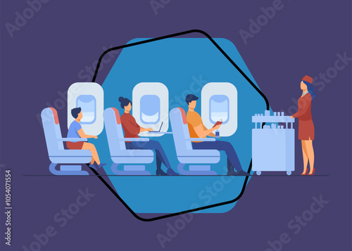 Air trip with comfort flat vector illustration. Passengers waiting for airline meal. People travelling by plane and sitting near airplane window. Airline, tourism and journey concept.