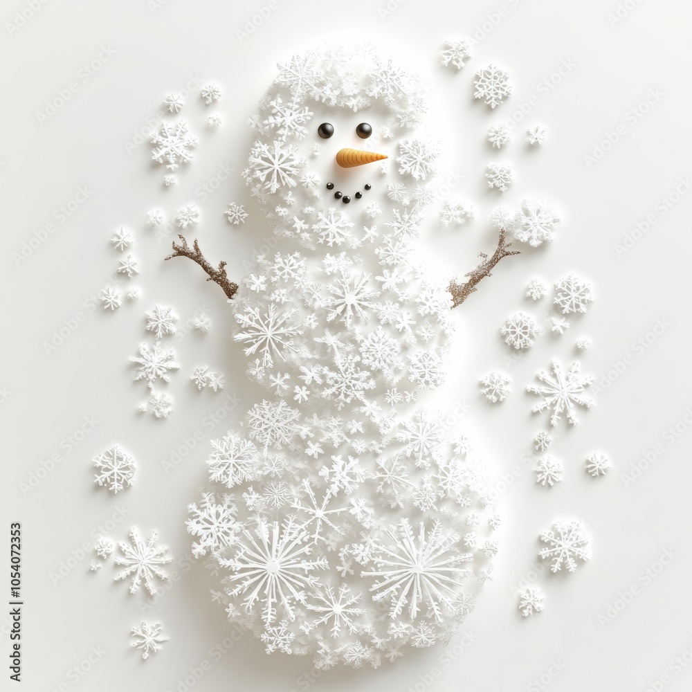 Obraz premium A charming 3D snowman made of delicate snowflakes, set against a bright white background. The snowman has a joyful expression, capturing the essence of holiday cheer