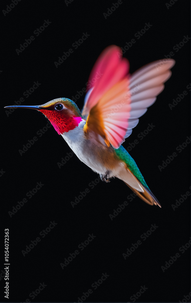 Naklejka premium Small, colorful and iridescent hummingbird bird with different colors of feathers on a black background.