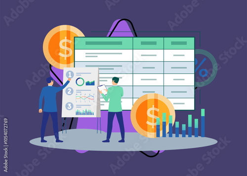 Businessmen calculating budget or resources vector illustration. People managing finances, preparing and analyzing financial plan in infographics. Project cost estimation, business concept