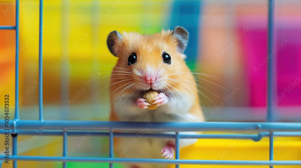 Fototapeta premium A curious hamster peeking out from its colorful cage, holding a small treat in its paws