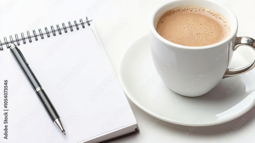 A cup of coffee next to an open notebook and pen on a white table, creating a perfect setup for work or a creative writing session. A cup of coffee next to an open notebook and pen on a white table, creating a perfect setup for work or a creative writing session.