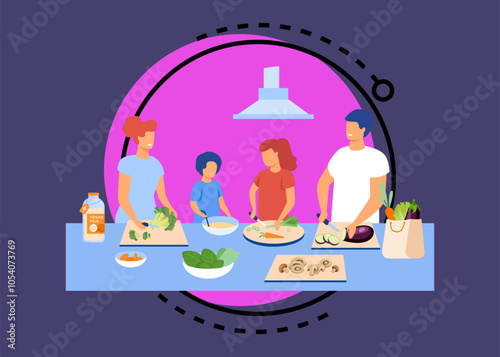 Family cooking healthy dinner together vector illustration. Vegan parents and children chopping vegetables, carrots, eggplant, broccoli, mushrooms. Plant-based eating, food concept