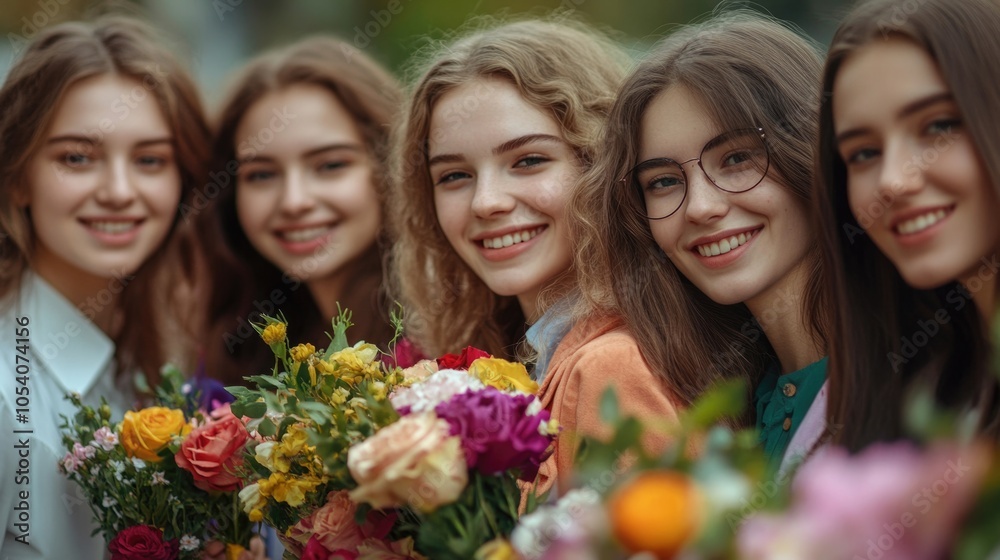 Group of women are smiling and holding flowers. The flowers are in various colors and sizes, and they are arranged in bouquets. The women are posing for a photo, and they seem to be happy Group of women are smiling and holding flowers. The flowers are in various colors and sizes, and they are arranged in bouquets. The women are posing for a photo, and they seem to be happy