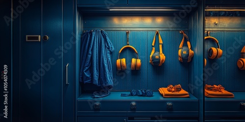 An open gym locker with weights, towel, and headphones hanging inside photo